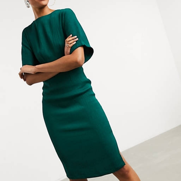 Closet London Ribbed Pencil Dress with Tie Belt in Emerald Green - Picture 4 of 6